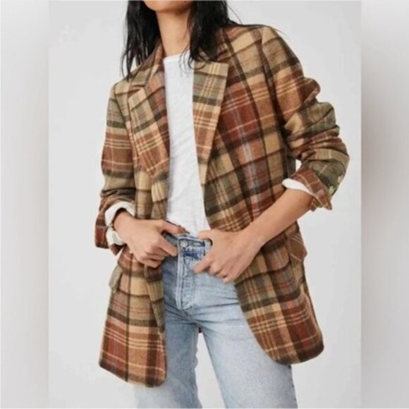 Free People Mari Brown Plaid Blazer Wool Oversized Boxy We the Free Jacket XS - Picture 5 of 12